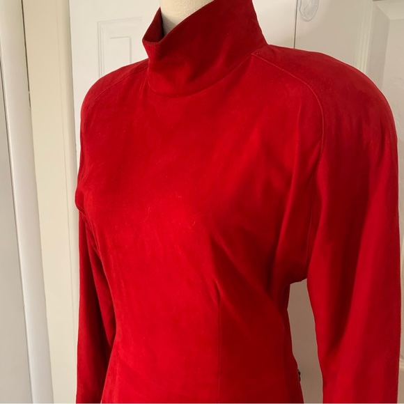 Vintage 80s Vakko Sz10 red 100% suede leather fully lined dress - Picture 2 of 14